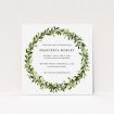 A christening invite named "Classic Wreath". It is a square (148mm x 148mm) invite in a square orientation. "Classic Wreath" is available as a flat invite, with tones of light green and dark green.