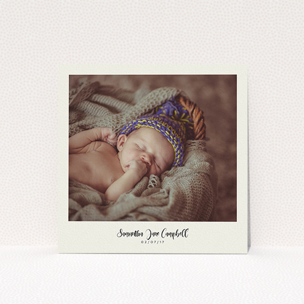 A christening invite called "Cream Photo Frame". It is a square (148mm x 148mm) invite in a square orientation. It is a photographic christening invite with room for 1 photo. "Cream Photo Frame" is available as a flat invite, with mainly cream colouring.