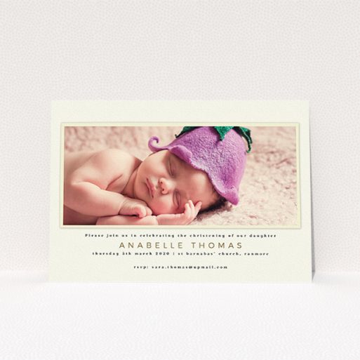 Christening Invite Design - "Cream with Cream" A christening invite called "Cream with Cream". It is an A5 invite in a landscape orientation. It is a photographic christening invite with room for 1 photo. "Cream with Cream" is available as a flat invite, with mainly cream colouring.