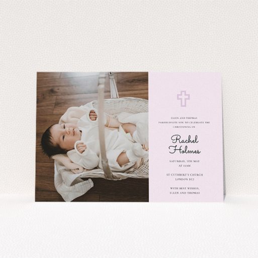 Christening Invite Design - "Cross Photo" A christening invite design named "Cross Photo". It is an A5 invite in a landscape orientation. It is a photographic christening invite with room for 1 photo. "Cross Photo" is available as a flat invite, with mainly purple/dark pink colouring.