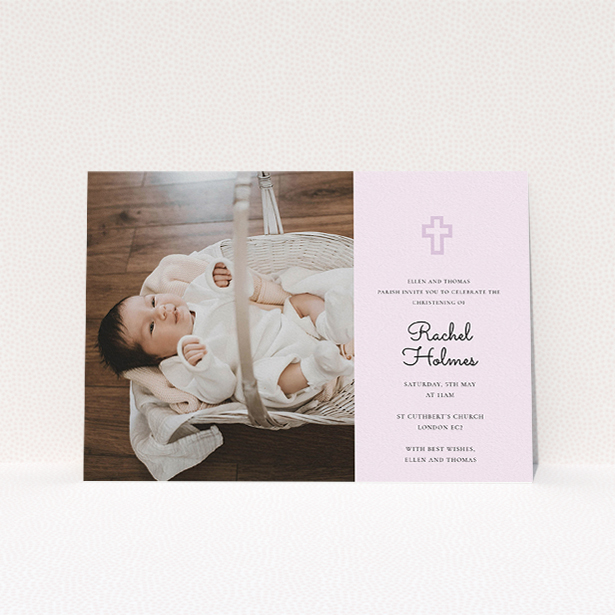 A christening invite design named "Cross Photo". It is an A5 invite in a landscape orientation. It is a photographic christening invite with room for 1 photo. "Cross Photo" is available as a flat invite, with mainly purple/dark pink colouring.