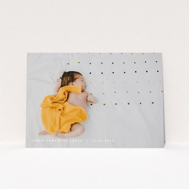 A christening invite template titled "Date and Name". It is an A5 invite in a landscape orientation. It is a photographic christening invite with room for 1 photo. "Date and Name" is available as a flat invite, with mainly white colouring.