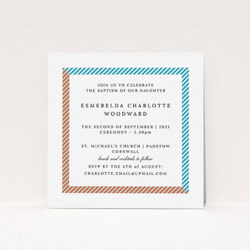 Christening Invite Design - "Diagonal Border" A christening invite design named "Diagonal Border". It is a square (148mm x 148mm) invite in a square orientation. "Diagonal Border" is available as a flat invite, with tones of red, blue and green.