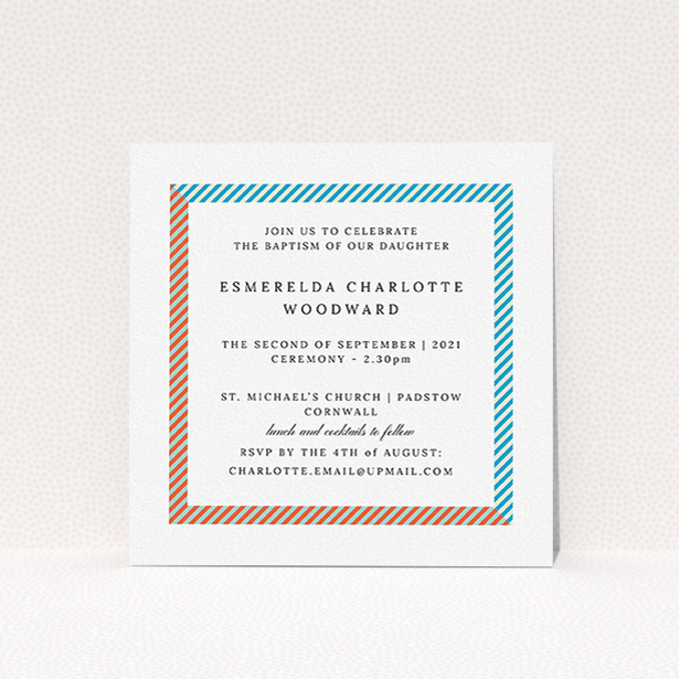 A christening invite design named "Diagonal Border". It is a square (148mm x 148mm) invite in a square orientation. "Diagonal Border" is available as a flat invite, with tones of red, blue and green.