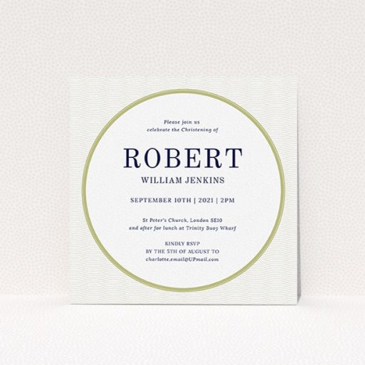 Christening Invite Design - "Dollar" A christening invite called "Dollar". It is a square (148mm x 148mm) invite in a square orientation. "Dollar" is available as a flat invite, with tones of gold and white.