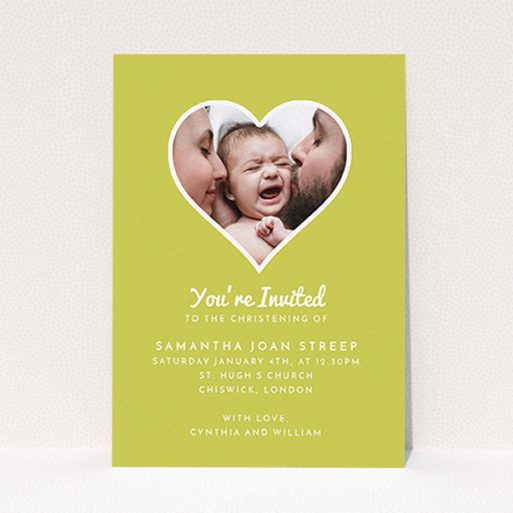 Christening Invite Design - "Electric Yellow" A christening invite template titled "Electric Yellow". It is an A6 invite in a portrait orientation. It is a photographic christening invite with room for 1 photo. "Electric Yellow" is available as a flat invite, with tones of green and white.