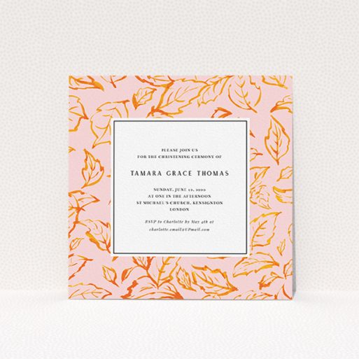 Christening Invite Design - "Falling Foliage" A christening invite template titled "Falling Foliage". It is a square (148mm x 148mm) invite in a square orientation. "Falling Foliage" is available as a flat invite, with tones of pink and orange.