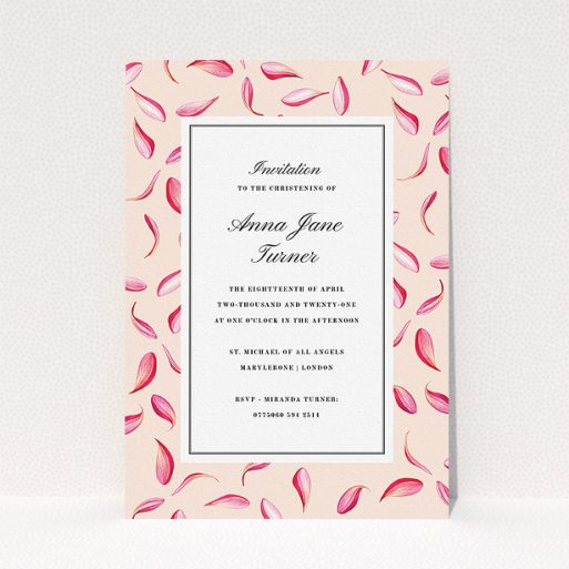 Christening Invite Design - "Falling pink petals" A christening invite design called "Falling pink petals". It is an A5 invite in a portrait orientation. "Falling pink petals" is available as a flat invite.