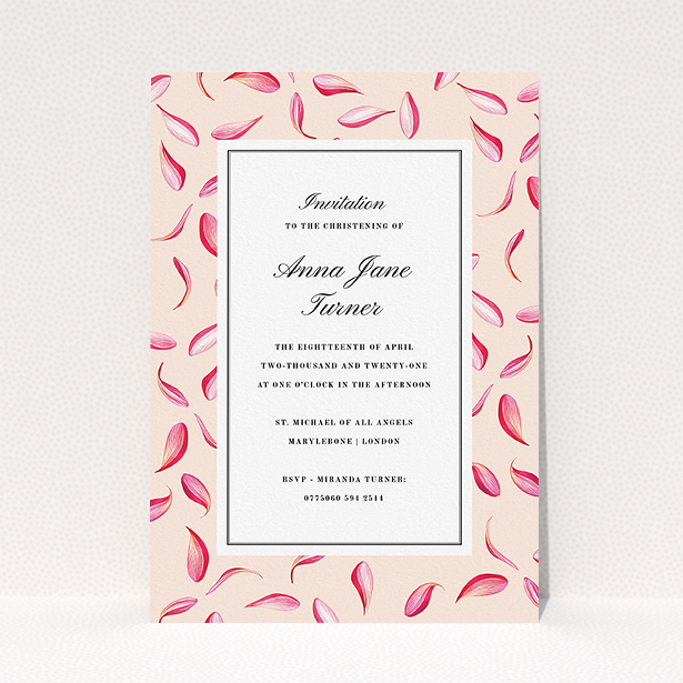 A christening invite design called "Falling pink petals". It is an A5 invite in a portrait orientation. "Falling pink petals" is available as a flat invite.