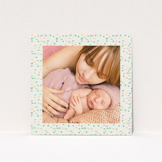 A christening invite called "Floral abstract". It is a square (148mm x 148mm) invite in a square orientation. It is a photographic christening invite with room for 1 photo. "Floral abstract" is available as a flat invite, with mainly cream colouring.