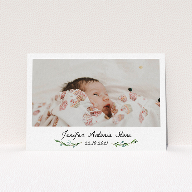 A christening invite design named "Floral Fix". It is an A5 invite in a landscape orientation. It is a photographic christening invite with room for 1 photo. "Floral Fix" is available as a flat invite, with tones of black and white.