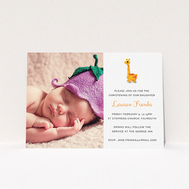 A christening invite template titled "Fluffy Giraffe". It is an A6 invite in a landscape orientation. It is a photographic christening invite with room for 1 photo. "Fluffy Giraffe" is available as a flat invite, with tones of white and orange.