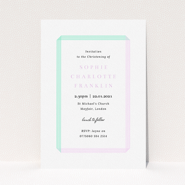 A christening invite called "Folded". It is an A5 invite in a portrait orientation. "Folded" is available as a flat invite, with tones of purple and green.