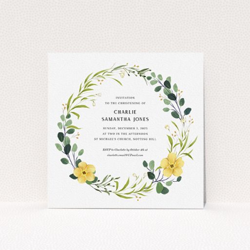 Christening Invite Design - "Full-bloom wreath" A christening invite design named "Full-bloom wreath". It is a square (148mm x 148mm) invite in a square orientation. "Full-bloom wreath" is available as a flat invite, with tones of light green, dark green and yellow.