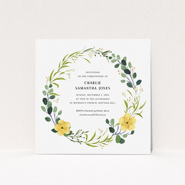 A christening invite design named "Full-bloom wreath". It is a square (148mm x 148mm) invite in a square orientation. "Full-bloom wreath" is available as a flat invite, with tones of light green, dark green and yellow.