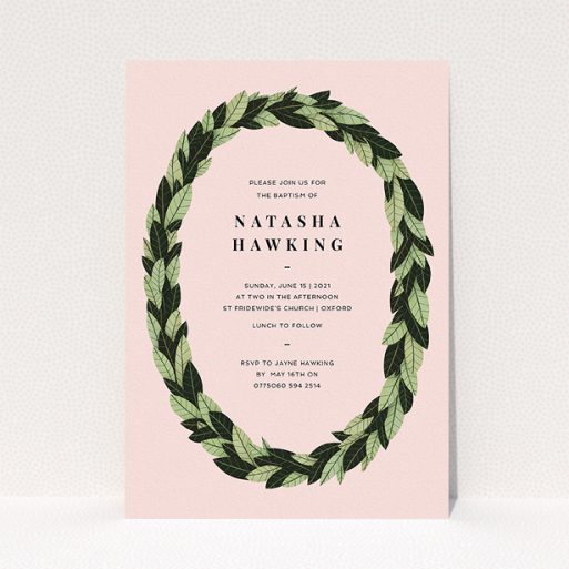 Christening Invite Design - "Full-bodied Wreath" A christening invite design named "Full-bodied Wreath". It is an A5 invite in a portrait orientation. "Full-bodied Wreath" is available as a flat invite, with tones of pink, dark green and light green.