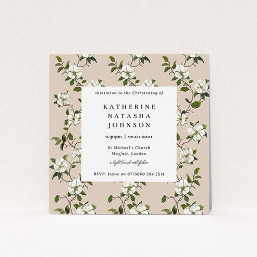 Christening Invite Design - "Garden Wall" A christening invite called "Garden Wall". It is a square (148mm x 148mm) invite in a square orientation. "Garden Wall" is available as a flat invite, with tones of cream, green and white.