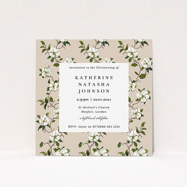 A christening invite called "Garden Wall". It is a square (148mm x 148mm) invite in a square orientation. "Garden Wall" is available as a flat invite, with tones of cream, green and white.