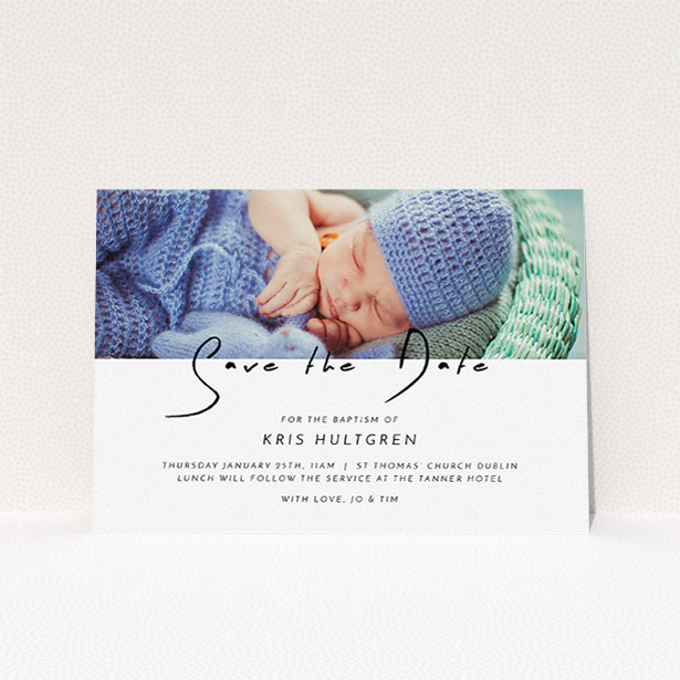 A christening invite design named "Introducing this guy". It is an A5 invite in a landscape orientation. It is a photographic christening invite with room for 1 photo. "Introducing this guy" is available as a flat invite, with mainly white colouring.