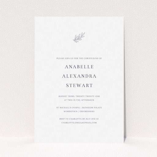 Christening Invite Design - "Leaf Simplicity" A christening invite design called "Leaf Simplicity". It is an A5 invite in a portrait orientation. "Leaf Simplicity" is available as a flat invite, with tones of white and grey.