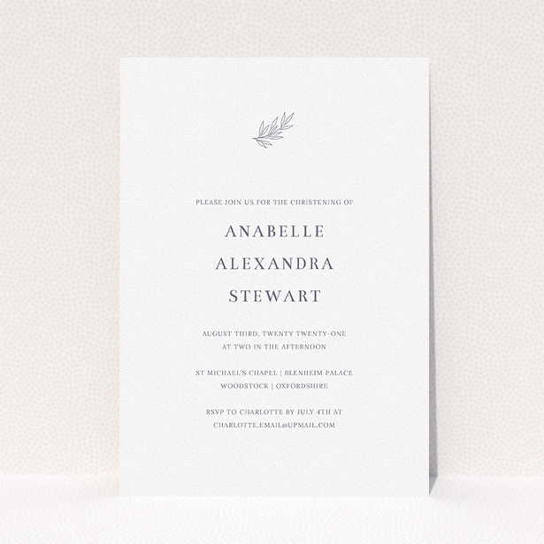 A christening invite design called "Leaf Simplicity". It is an A5 invite in a portrait orientation. "Leaf Simplicity" is available as a flat invite, with tones of white and grey.