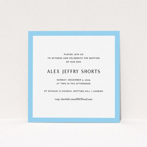 Christening Invite Design - "Modern Thick Border" A christening invite design called "Modern Thick Border". It is a square (148mm x 148mm) invite in a square orientation. "Modern Thick Border" is available as a flat invite, with tones of blue and white.