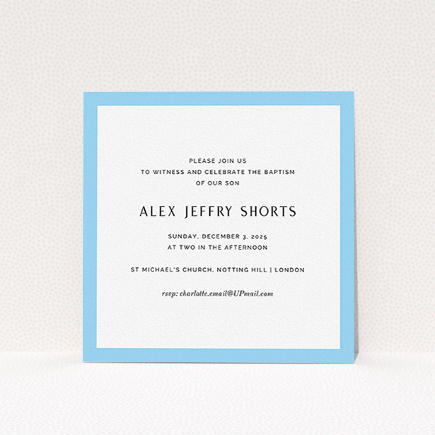 A christening invite design called "Modern Thick Border". It is a square (148mm x 148mm) invite in a square orientation. "Modern Thick Border" is available as a flat invite, with tones of blue and white.
