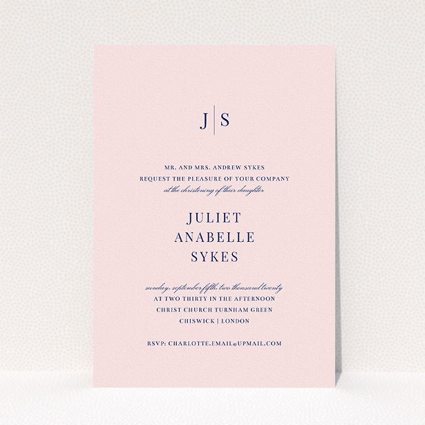 A christening invite design called "Monogrammed Pink Tradition". It is an A5 invite in a portrait orientation. "Monogrammed Pink Tradition" is available as a flat invite, with tones of blue and pink.