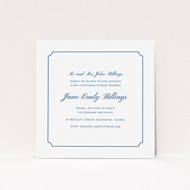 A christening invite design called "Notch Border". It is a square (148mm x 148mm) invite in a square orientation. "Notch Border" is available as a flat invite, with tones of white and blue.