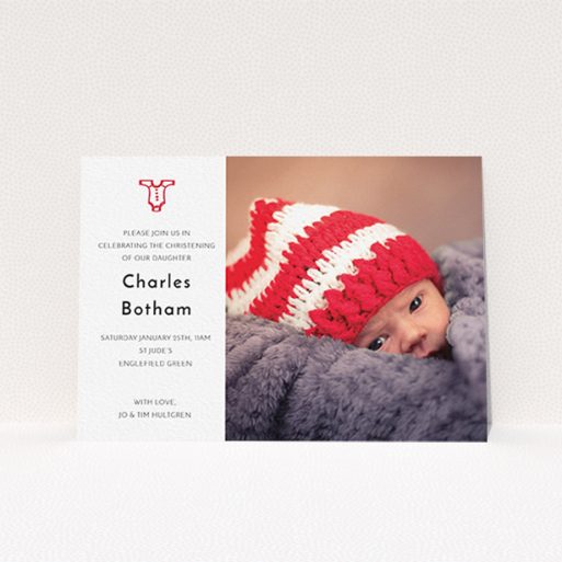 Christening Invite Design - "Onesie" A christening invite design titled "Onesie". It is an A6 invite in a landscape orientation. It is a photographic christening invite with room for 1 photo. "Onesie" is available as a flat invite, with tones of white and red.