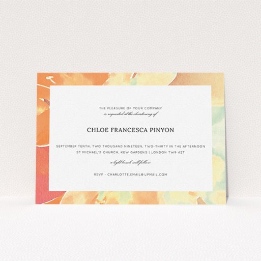 Christening Invite Design - "Pastel Blossom" A christening invite named "Pastel Blossom". It is an A5 invite in a landscape orientation. "Pastel Blossom" is available as a flat invite, with tones of orange and mint green.