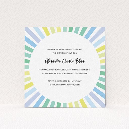Christening Invite Design - "Pastel Sun" A christening invite named "Pastel Sun". It is a square (148mm x 148mm) invite in a square orientation. "Pastel Sun" is available as a flat invite, with tones of blue, yellow and light green.