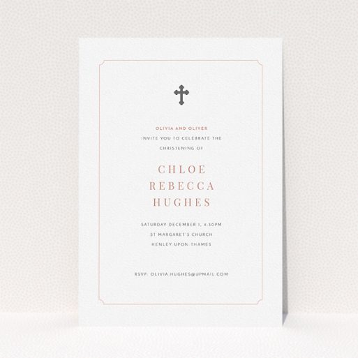 Christening Invite Design - "Pink with Grey Cross" A christening invite template titled "Pink with Grey Cross". It is an A5 invite in a portrait orientation. "Pink with Grey Cross" is available as a flat invite, with tones of white and pink.
