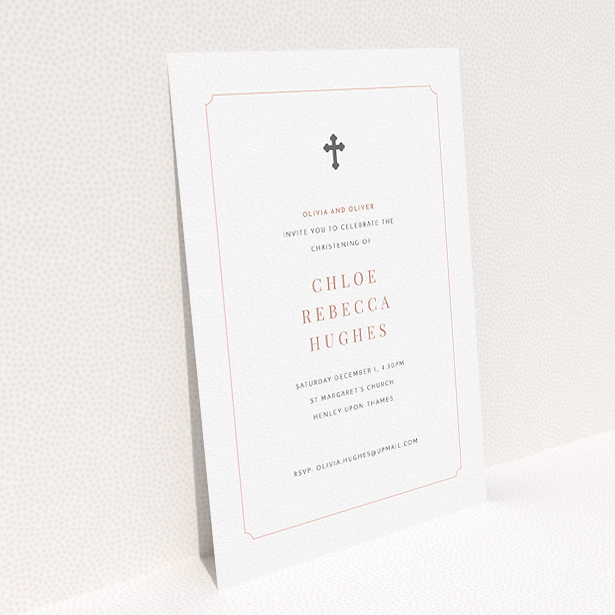 A christening invite template titled "Pink with Grey Cross". It is an A5 invite in a portrait orientation. "Pink with Grey Cross" is available as a flat invite, with tones of white and pink.
