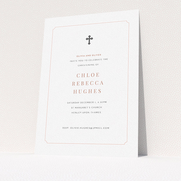 A christening invite template titled "Pink with Grey Cross". It is an A5 invite in a portrait orientation. "Pink with Grey Cross" is available as a flat invite, with tones of white and pink.