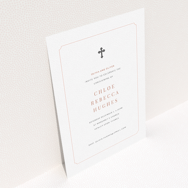 A christening invite template titled "Pink with Grey Cross". It is an A5 invite in a portrait orientation. "Pink with Grey Cross" is available as a flat invite, with tones of white and pink.