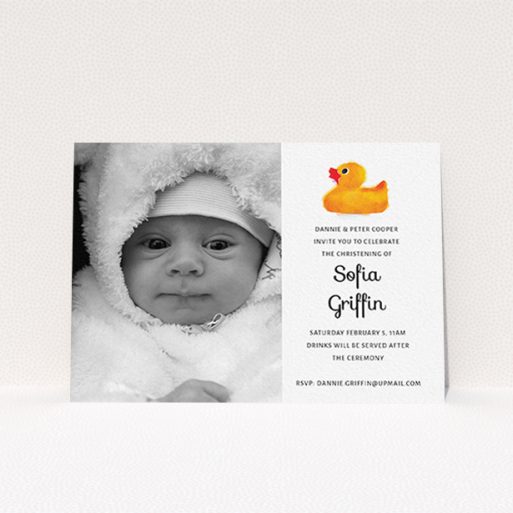 Christening Invite Design - "Rubber Ducky" A christening invite design called "Rubber Ducky". It is an A6 invite in a landscape orientation. It is a photographic christening invite with room for 1 photo. "Rubber Ducky" is available as a flat invite, with tones of orange and white.