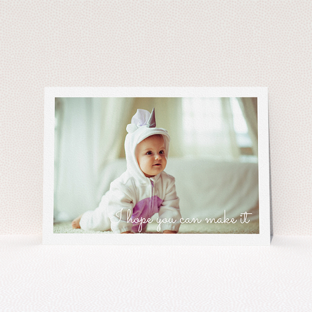 A christening invite design named "See you at the font". It is an A5 invite in a landscape orientation. It is a photographic christening invite with room for 1 photo. "See you at the font" is available as a flat invite, with mainly white colouring.