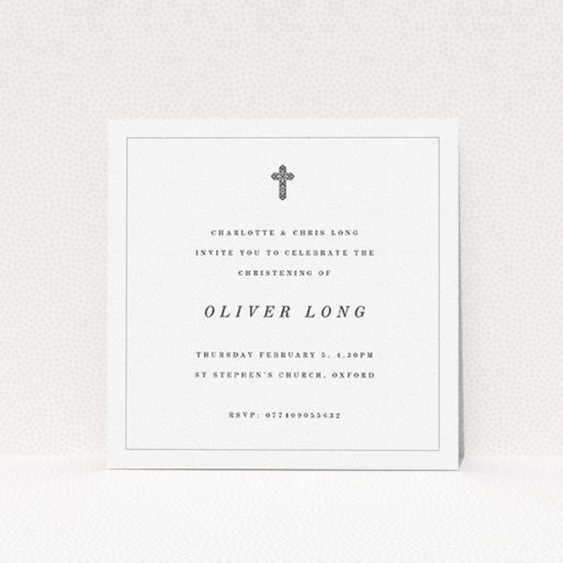 Christening Invite Design - "Simple Religious Design" A christening invite design named "Simple Religious Design". It is a square (148mm x 148mm) invite in a square orientation. "Simple Religious Design" is available as a flat invite, with mainly white colouring.