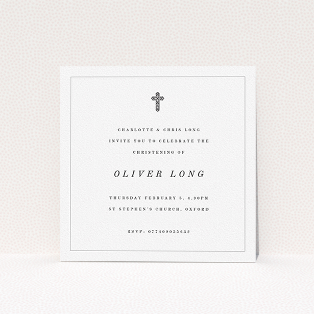 A christening invite design named "Simple Religious Design". It is a square (148mm x 148mm) invite in a square orientation. "Simple Religious Design" is available as a flat invite, with mainly white colouring.