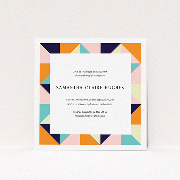 A christening invite called "Sloane Squares". It is a square (148mm x 148mm) invite in a square orientation. "Sloane Squares" is available as a flat invite, with mainly orange colouring.