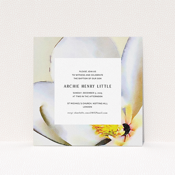 A christening invite design titled "Spring Zoom". It is a square (148mm x 148mm) invite in a square orientation. "Spring Zoom" is available as a flat invite, with tones of white, magnolia and yellow.