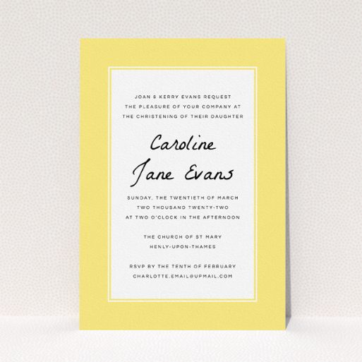 Christening Invite Design - "Sunny Tradition" A christening invite design named "Sunny Tradition". It is an A5 invite in a portrait orientation. "Sunny Tradition" is available as a flat invite, with tones of yellow and white.