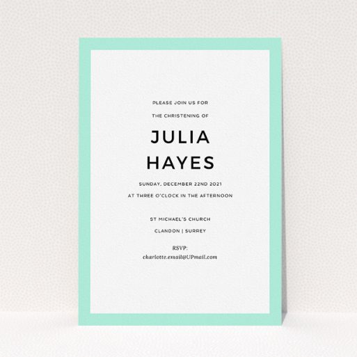 Christening Invite Design - "Thick Mint" A christening invite template titled "Thick Mint". It is an A5 invite in a portrait orientation. "Thick Mint" is available as a flat invite, with tones of green and white.