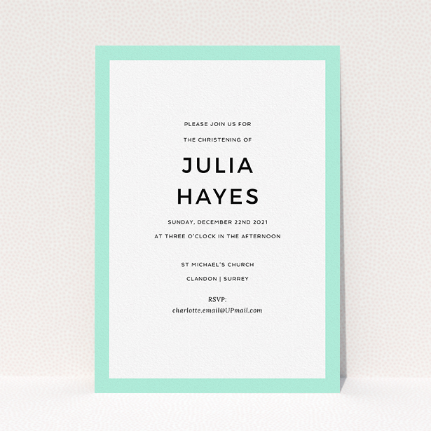 A christening invite template titled "Thick Mint". It is an A5 invite in a portrait orientation. "Thick Mint" is available as a flat invite, with tones of green and white.