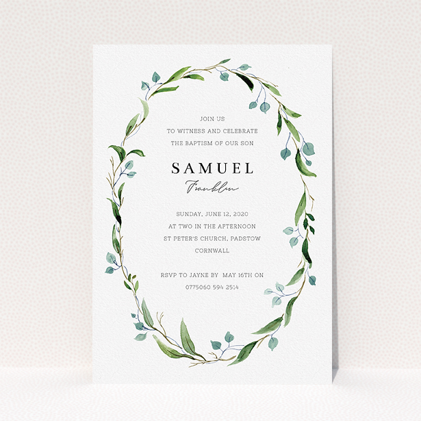 A christening invite named "Thin Wreath". It is an A5 invite in a portrait orientation. "Thin Wreath" is available as a flat invite, with tones of blue and green.