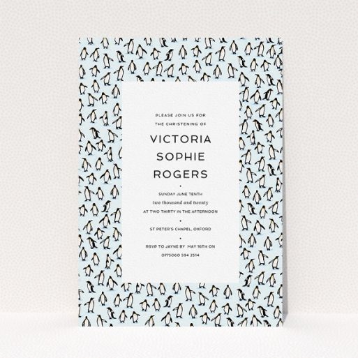 Christening Invite Design - "Tiny, Tiny Penguins" A christening invite design titled "Tiny, Tiny Penguins". It is an A5 invite in a portrait orientation. "Tiny, Tiny Penguins" is available as a flat invite, with tones of blue and black.