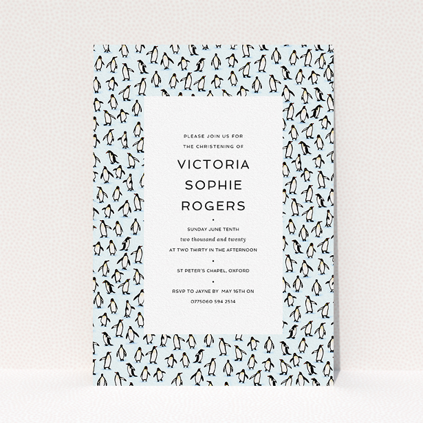 A christening invite design titled "Tiny, Tiny Penguins". It is an A5 invite in a portrait orientation. "Tiny, Tiny Penguins" is available as a flat invite, with tones of blue and black.