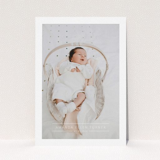 Christening Invite Design - "Tramlines" A christening invite design titled "Tramlines". It is an A5 invite in a portrait orientation. It is a photographic christening invite with room for 1 photo. "Tramlines" is available as a flat invite, with mainly white colouring.