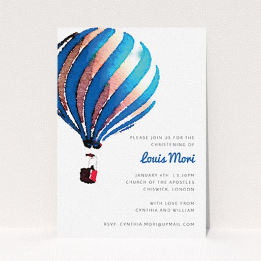 Christening Invite Design - "Up-and-away blue" A christening invite named "Up-and-away blue". It is an A6 invite in a portrait orientation. "Up-and-away blue" is available as a flat invite, with tones of blue and white.